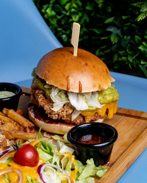 Burger au poulet avec guacamol, frites, salades et sauce