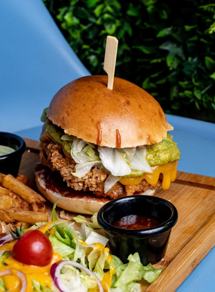 Burger au poulet avec guacamol, frites, salades et sauce